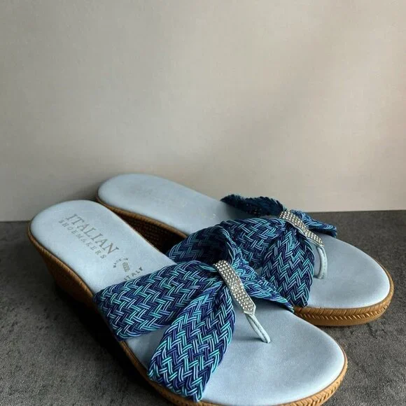 Italian Shoemakers Mixed Blue Rhinestone Sparkle Thong Wedge Sandals Size 9.5 M - Picture 11 of 16